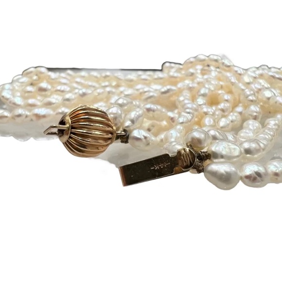 VINTAGE 5 STRAND RICE FRESHWATER PEARL 18" NECKLACE WITH 14k BALL CLASP CLOSURE - Picture 5 of 12
